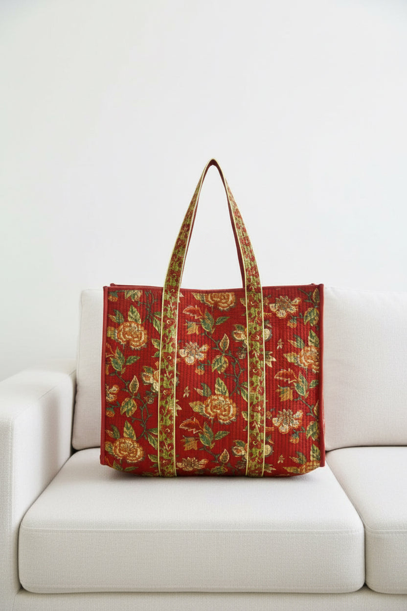Premium Maroon Floral Tote Bag: Hand-Blocked Beauty