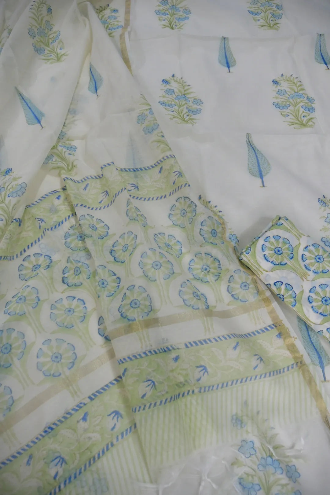 Floral patterned fabric with blue and green colors on a white background