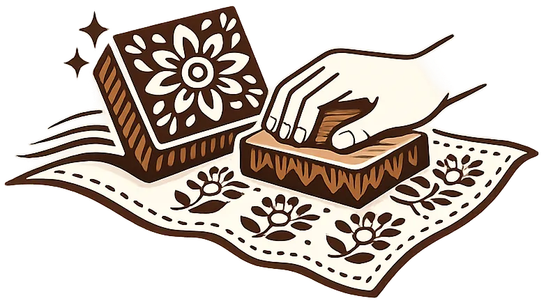 A hand-drawn style illustration showing a hand pressing a wooden block onto a patterned cloth, with the text 'Hand Block Printed' below on a white background.