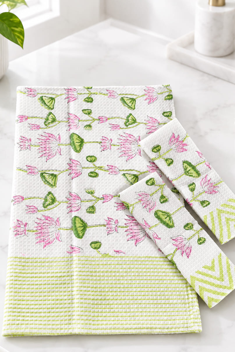 A white waffle-weave kitchen towel with a pink and green lotus flower pattern and a lime green striped border, shown folded on a white marble surface with a matching napkin or small towel beside it.