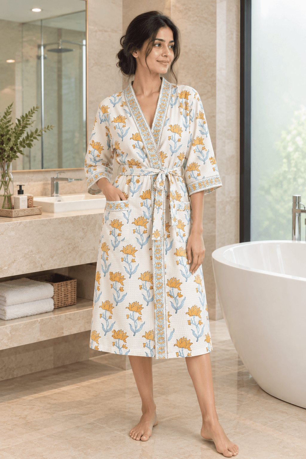 A woman wearing a cream-colored cotton bathrobe with a yellow and blue floral pattern stands in a modern bathroom next to a freestanding bathtub.