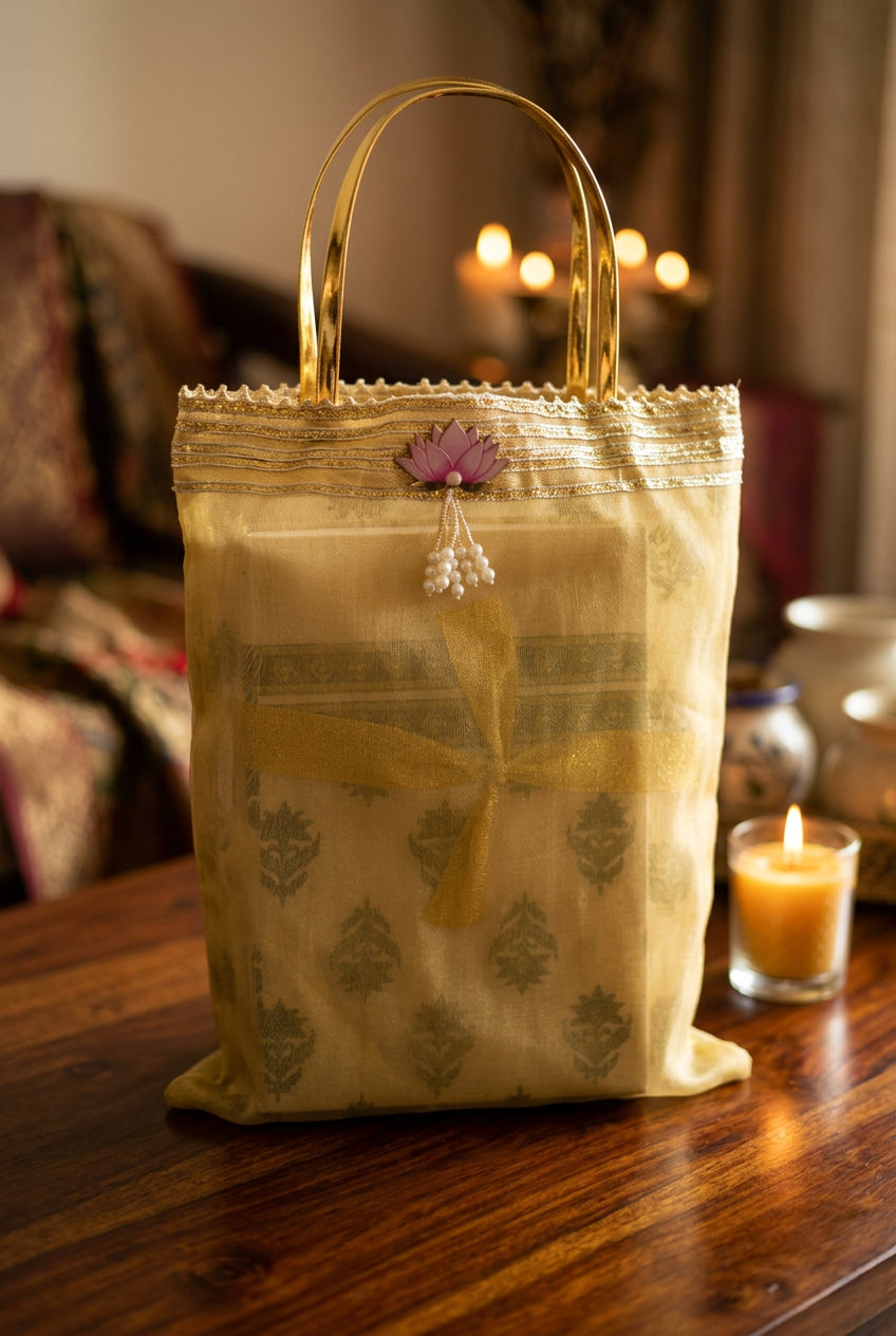 A yellow-gold sheer fabric handbag with a metallic gold handle, decorated with a small pink flower and white pearl-like beads, resting on a dark wooden surface.