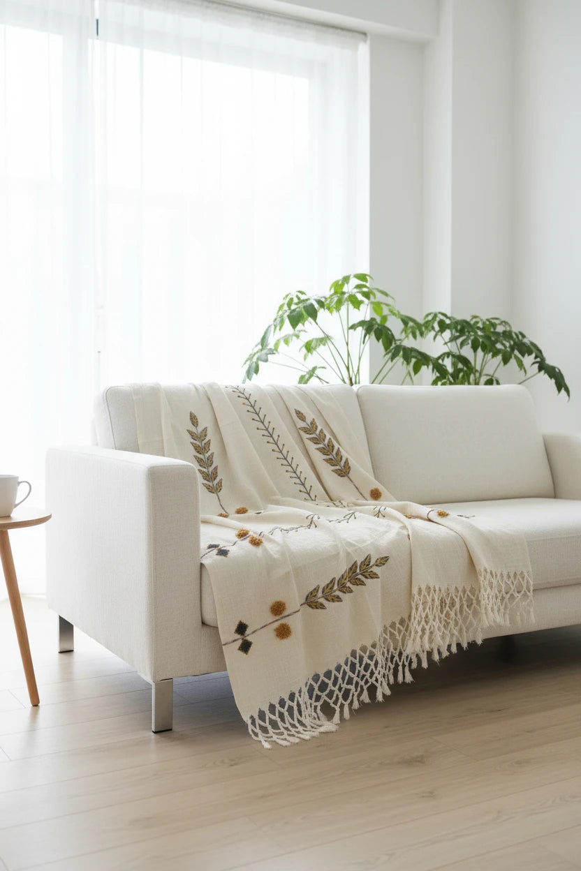 A cream-colored throw blanket with a botanical leaf pattern and fringed tassels draped over a modern off-white sofa in a bright, minimalist living room.