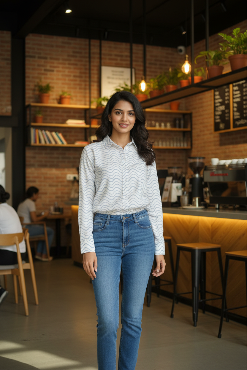 Woman standing in a cafe wearing a patterned shirt and blue jeans.