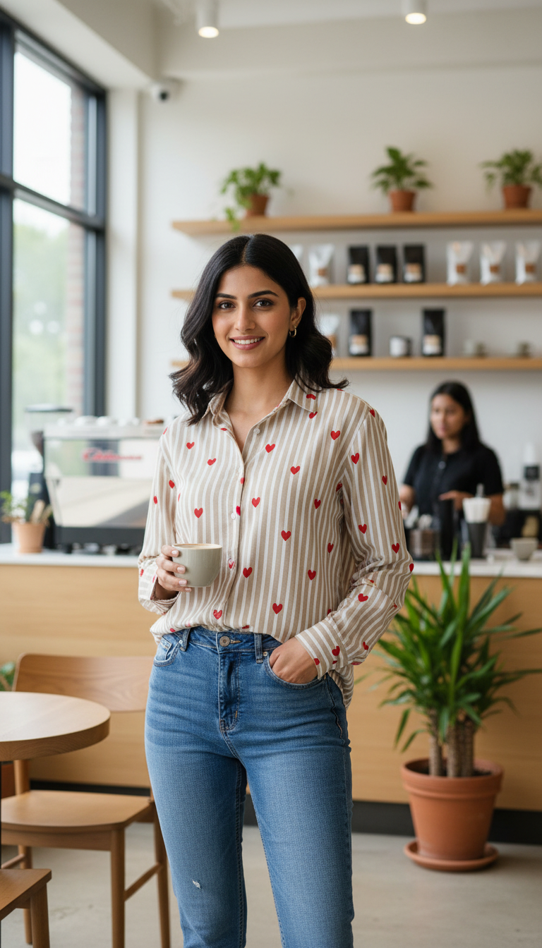 Woman holding a coffee cup in a cafe setting