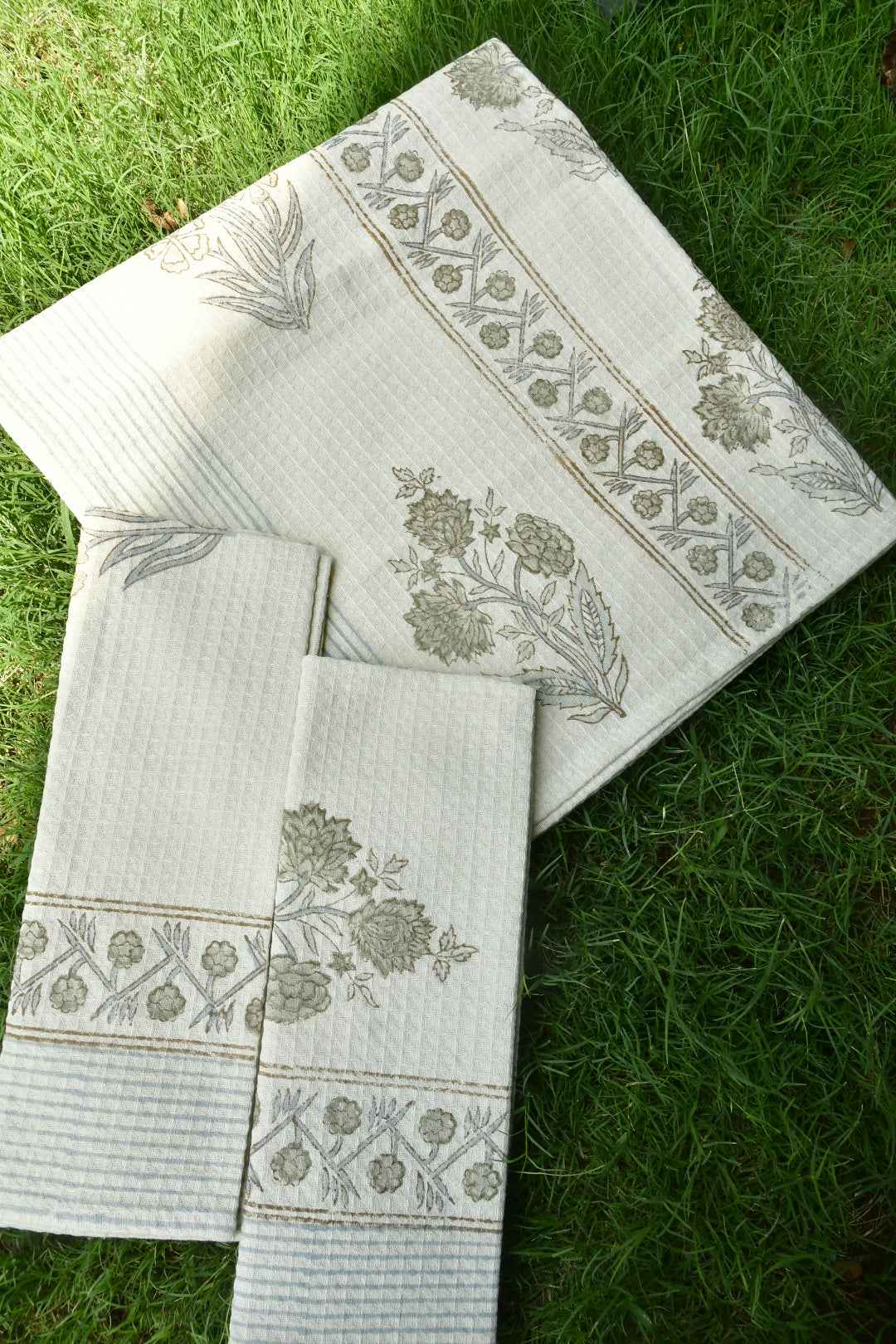 Grey Buta on Beige Bath & Hand Towel Set