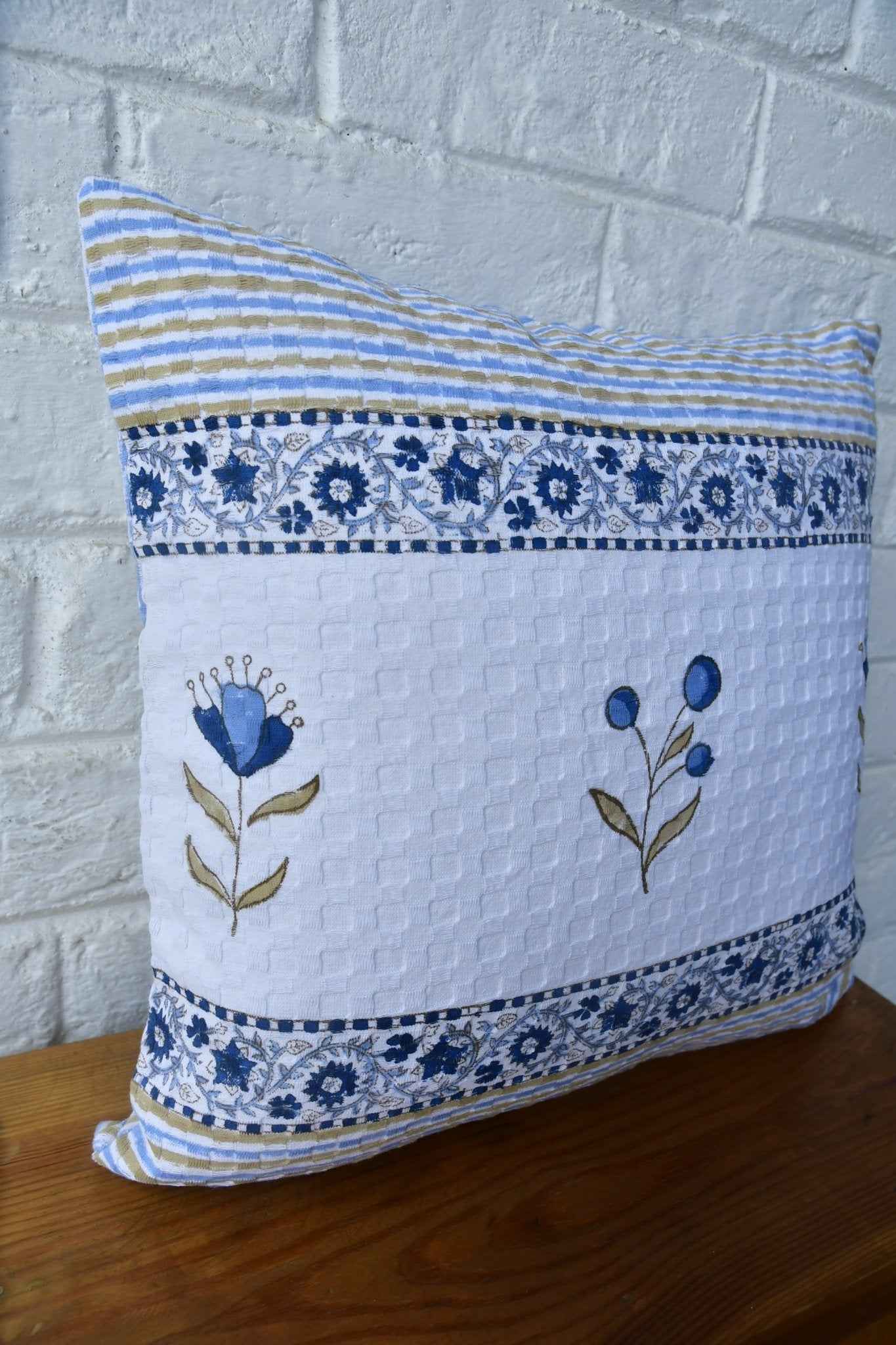 Elegant blue floral stripe handblock cushion cover