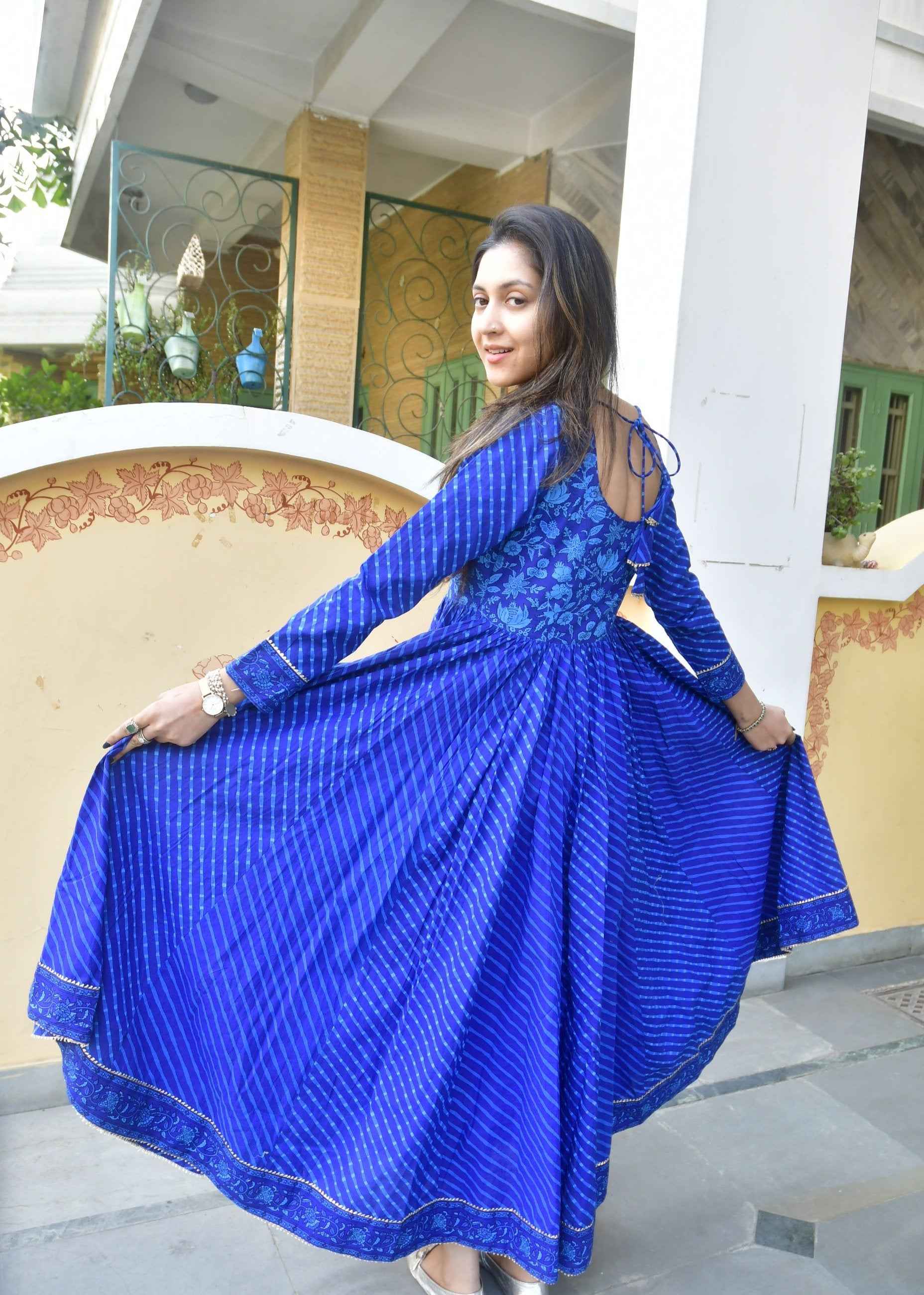 Royal Blue Lehariya Anarkali Handblock : Traditional