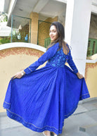 Royal Blue Lehariya Anarkali Handblock : Traditional
