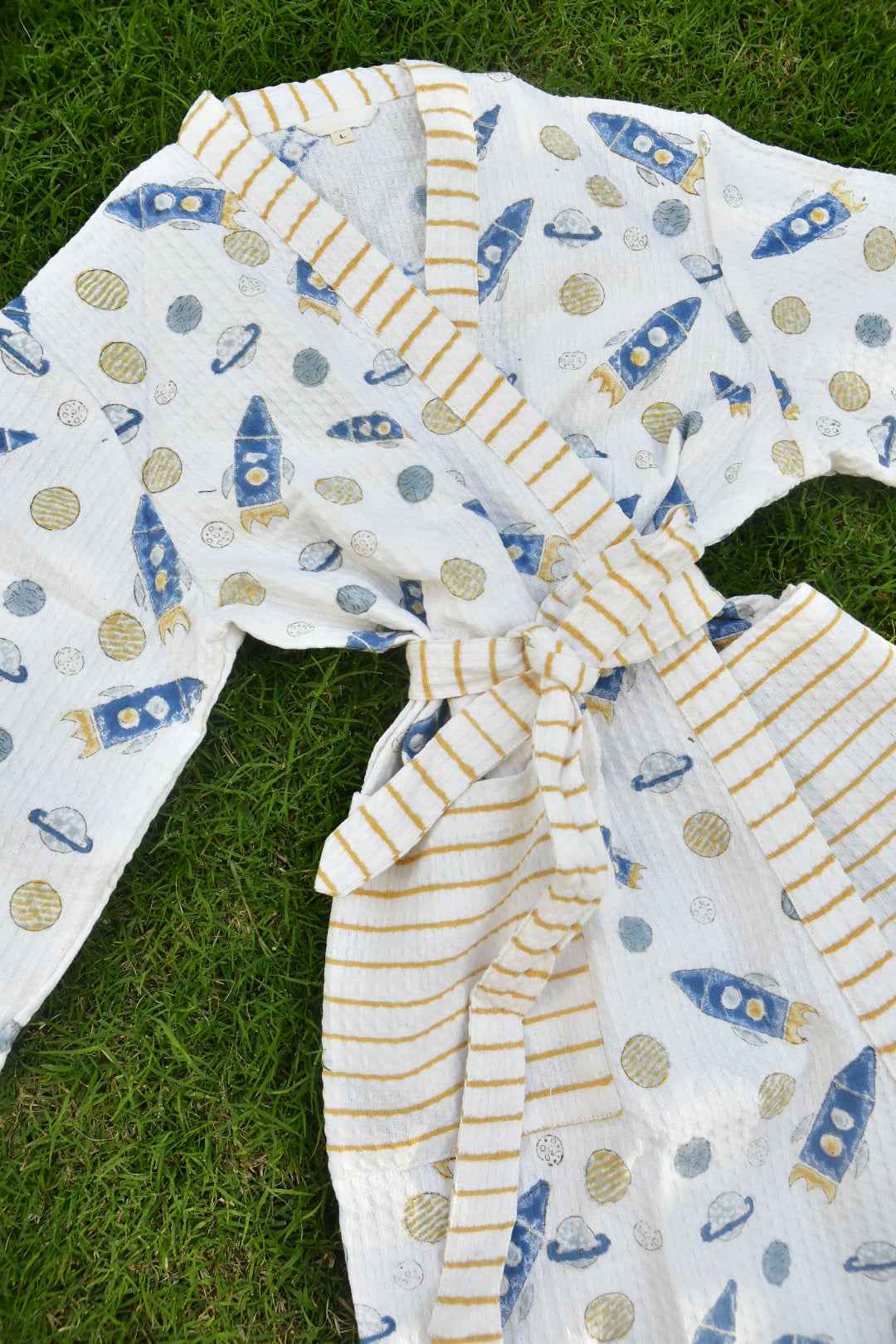 Kids Premium Waffle Cotton Bathrobe Rocket Pattern