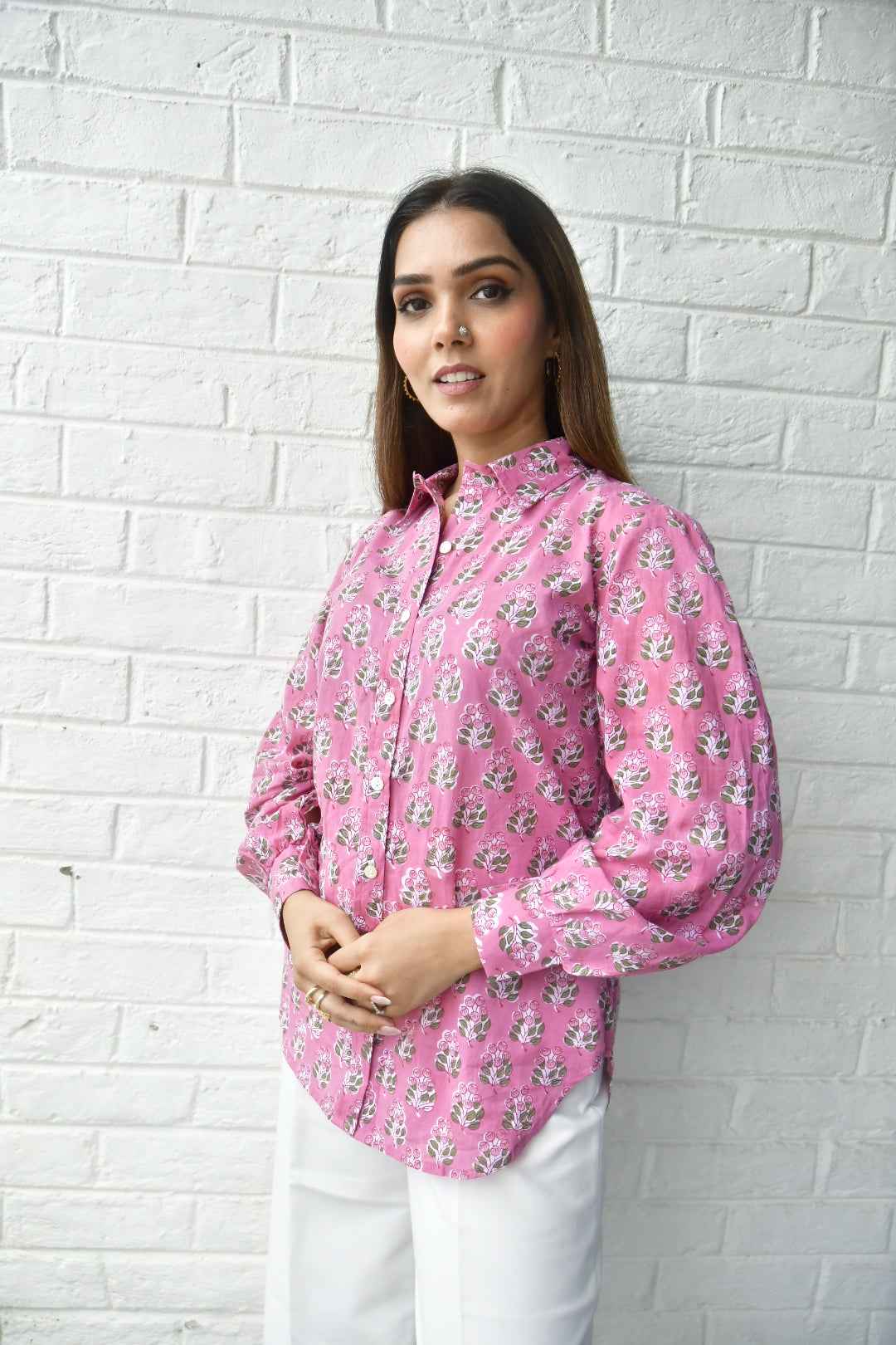 Tulip Pink Floral Buta Cotton Shirt