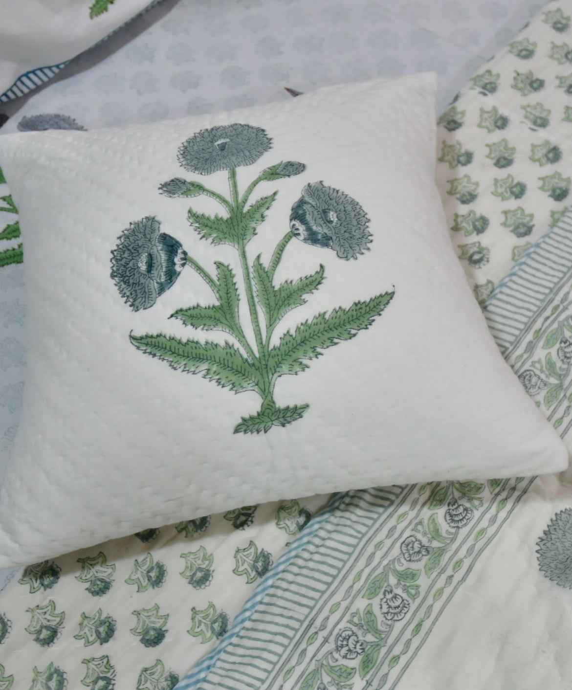 Blue Grey Poppy Handblock Cotton Bedding Set