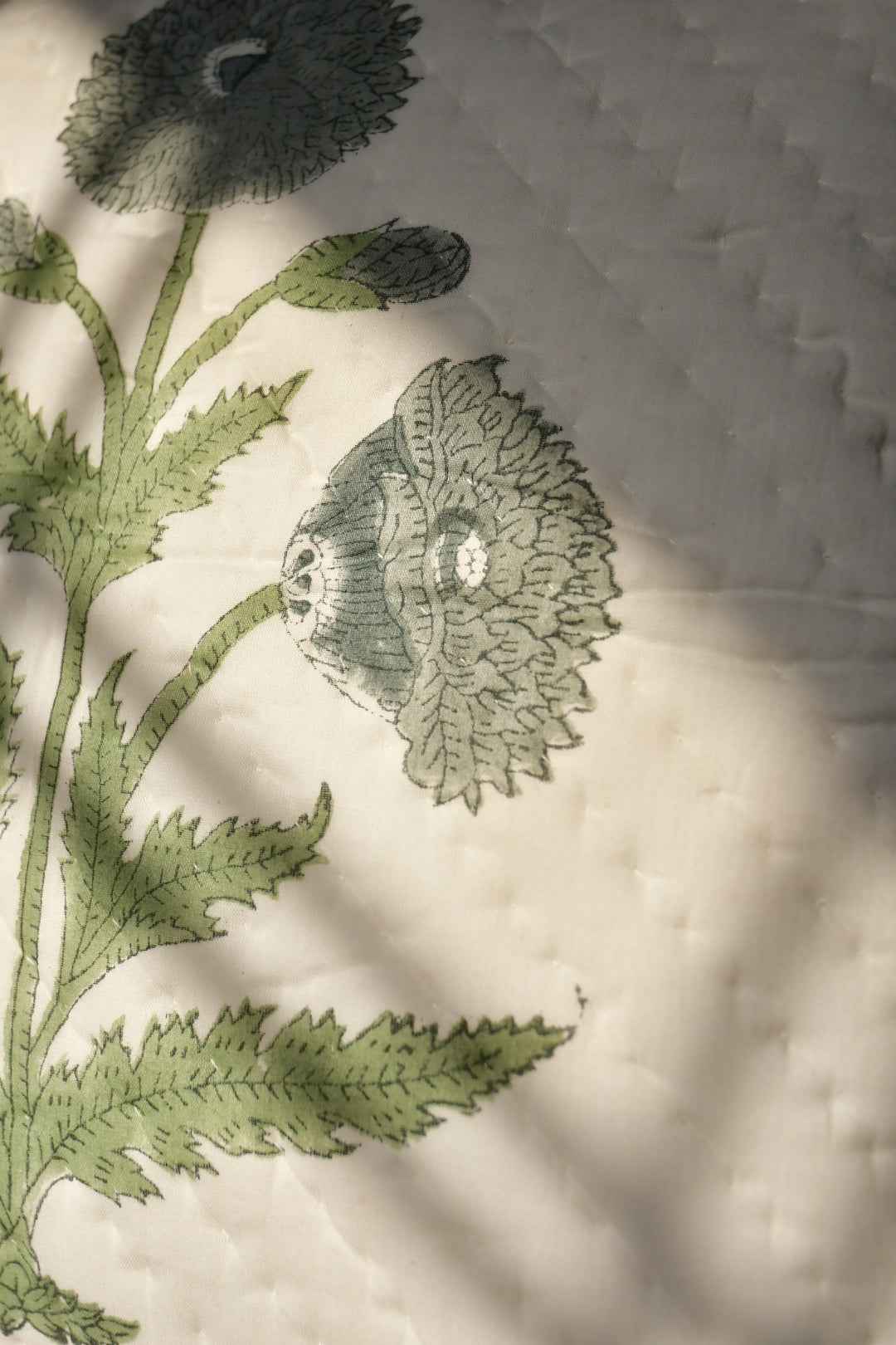 Blue Grey Poppy Cotton Cushion Cover – Hand Quilted, Designer Floral