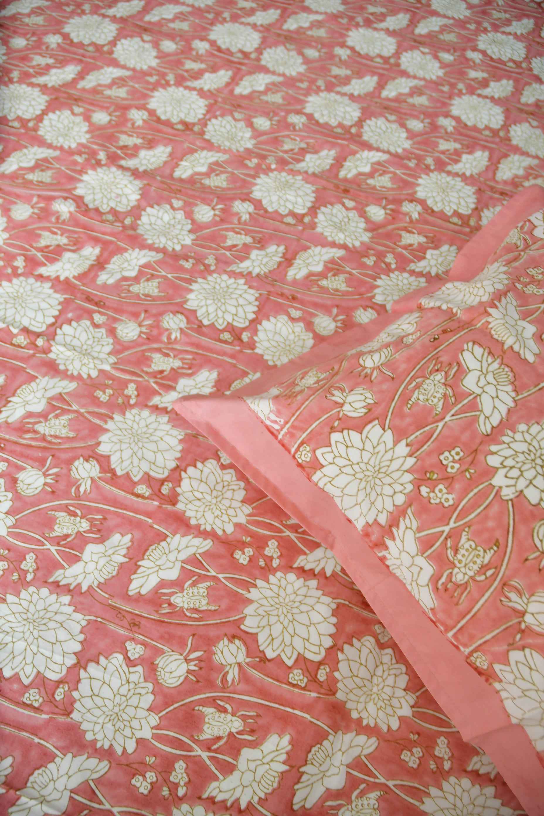 Pink floral Bedsheet : Jaipur Hand Block Bedsheet
