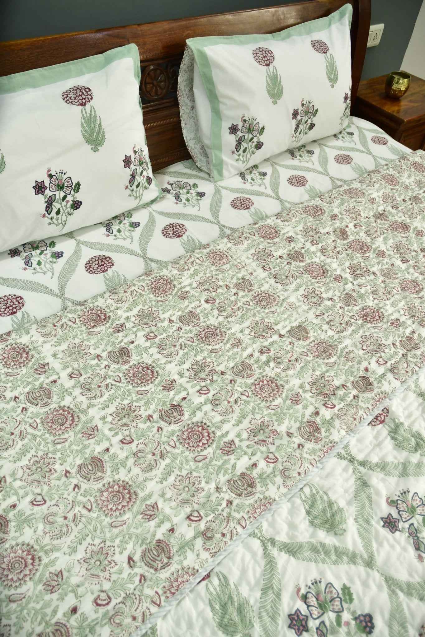 Butterfly and floral jaal mul mul Handblock Quilt