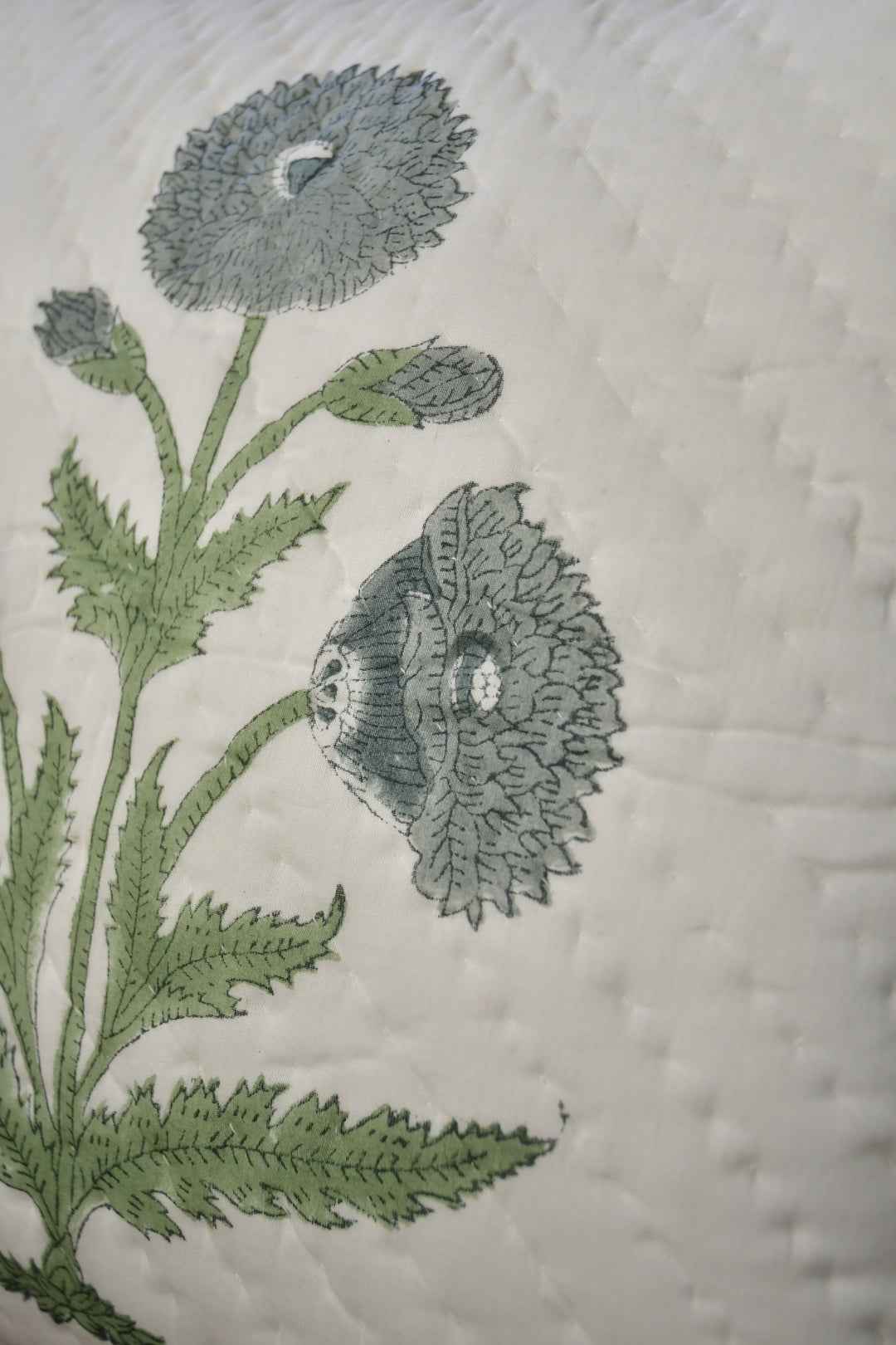 Blue Grey Poppy Cotton Cushion Cover – Hand Quilted, Designer Floral