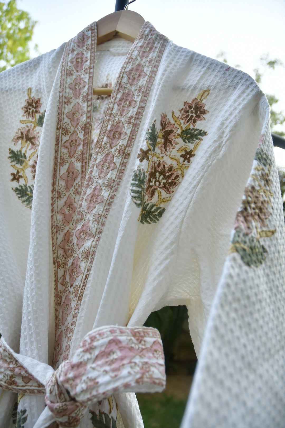 Royal Peach Buta Handblock  waffle Cotton Bathrobe