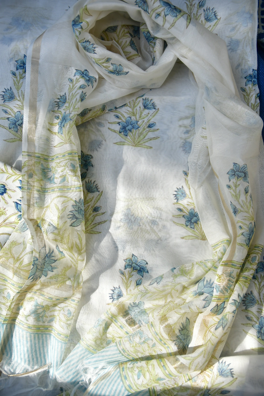 Floral fabric with blue and green patterns on a white background