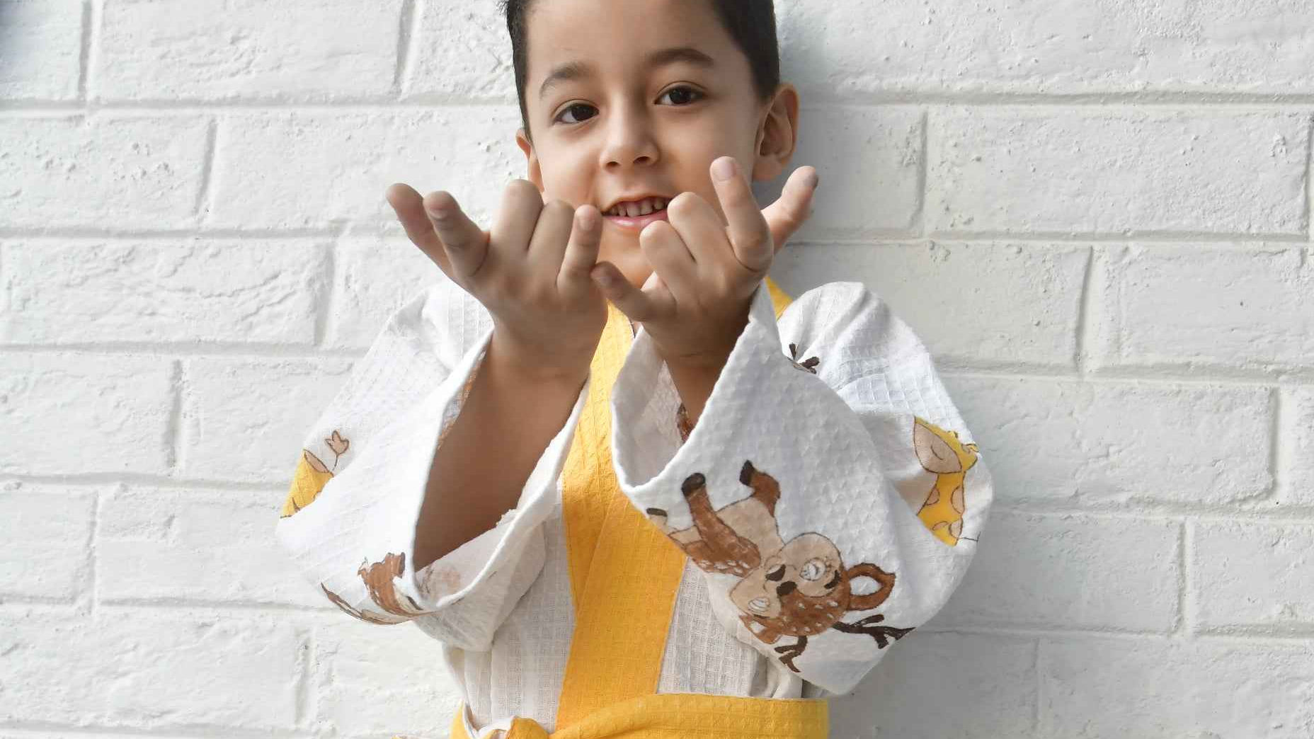 Kids HandBlock Premium Waffle Cotton Bathrobe Deer pattern