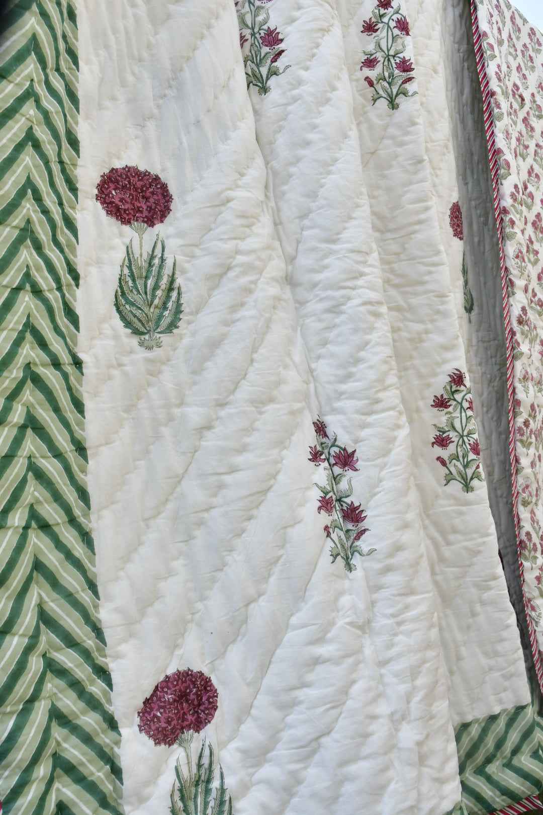 Serene Pink and Green Handblock Cotton Quilt