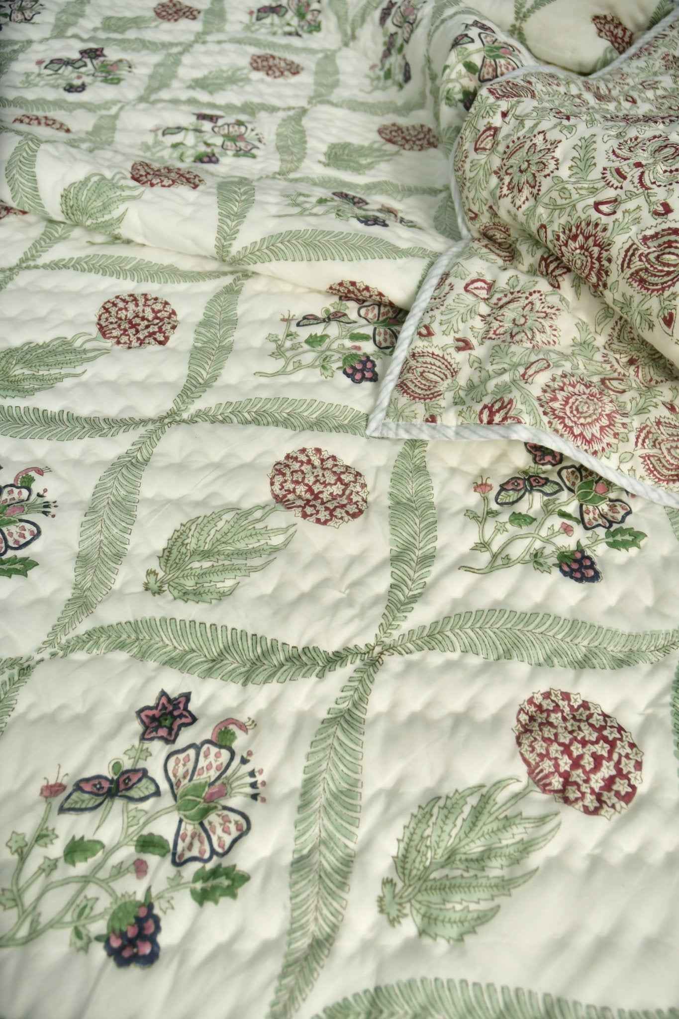 Butterfly and floral jaal mul mul Handblock Quilt