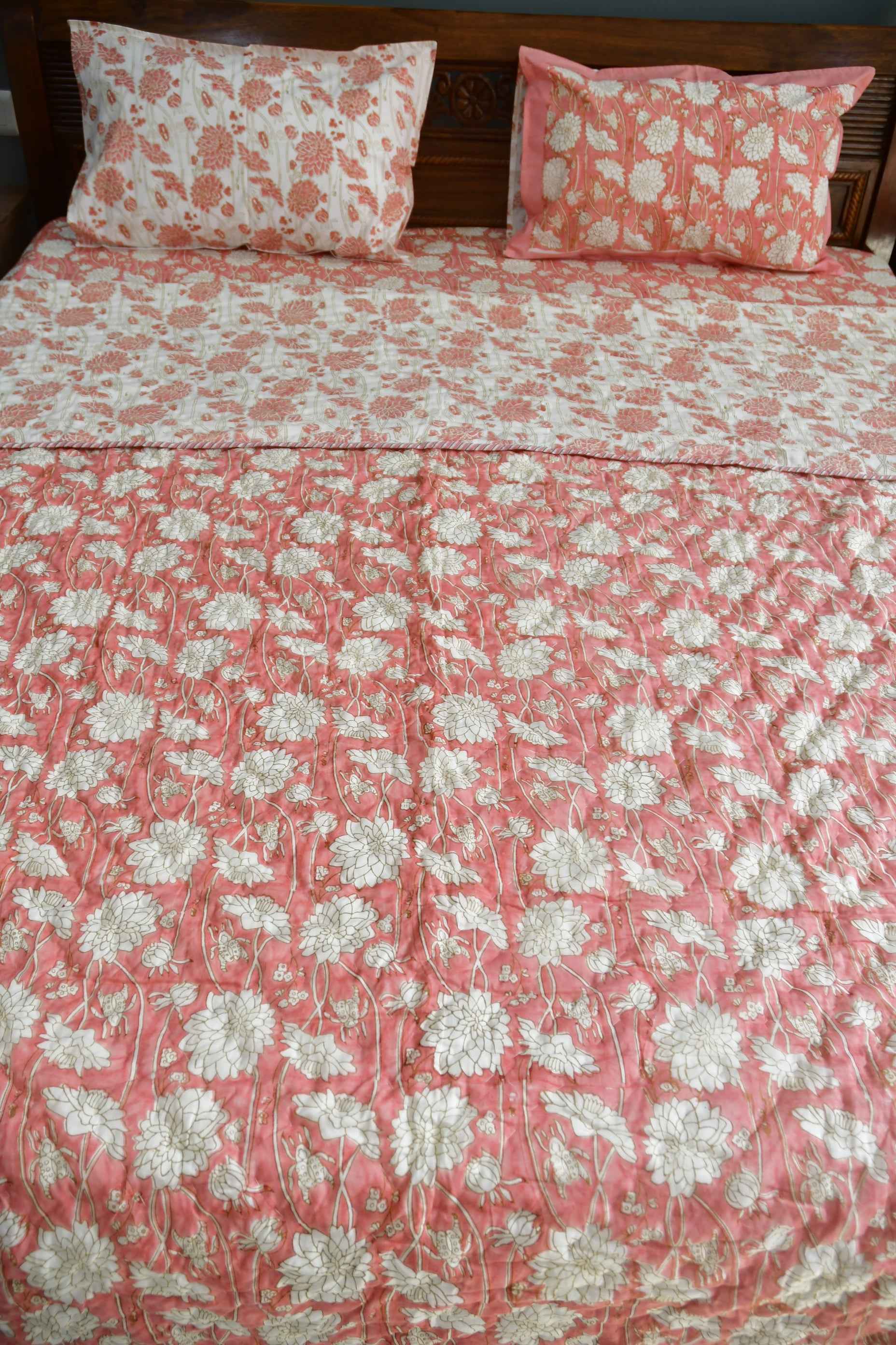 Pink Floral Bedding Set, Hand Block Print, Premium Cotton