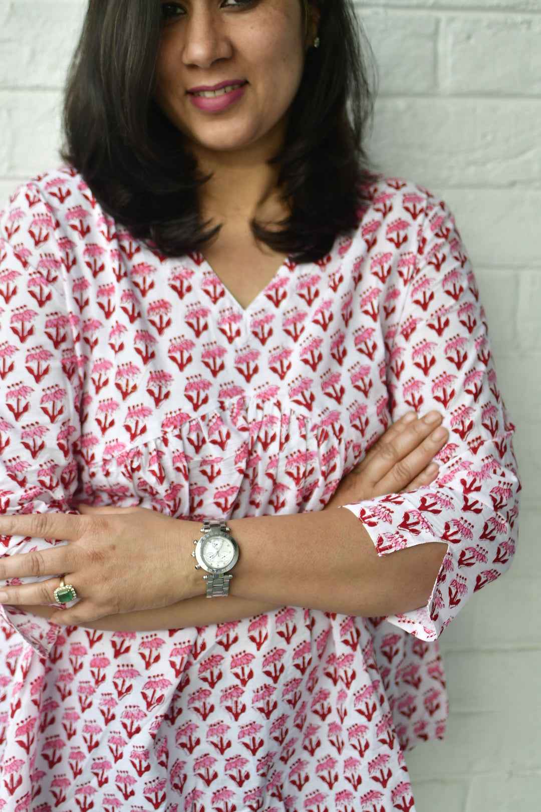 Red Buti White Short Top handblock Office wear