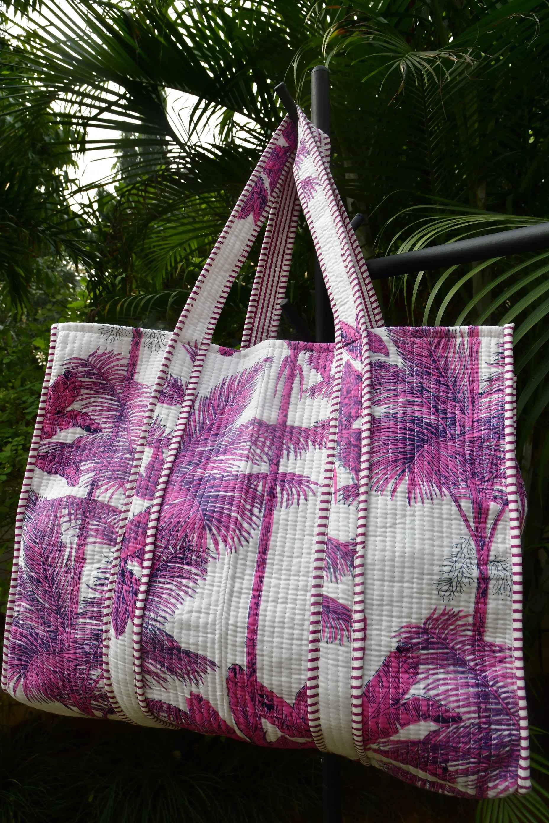 Hand-Printed Pink & White Palm Tote Bag