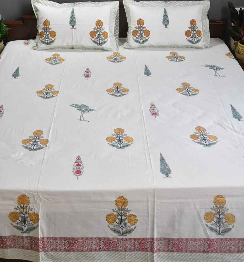 Cotton Quilt Hand Block Bedding Set – Yellow Marigold