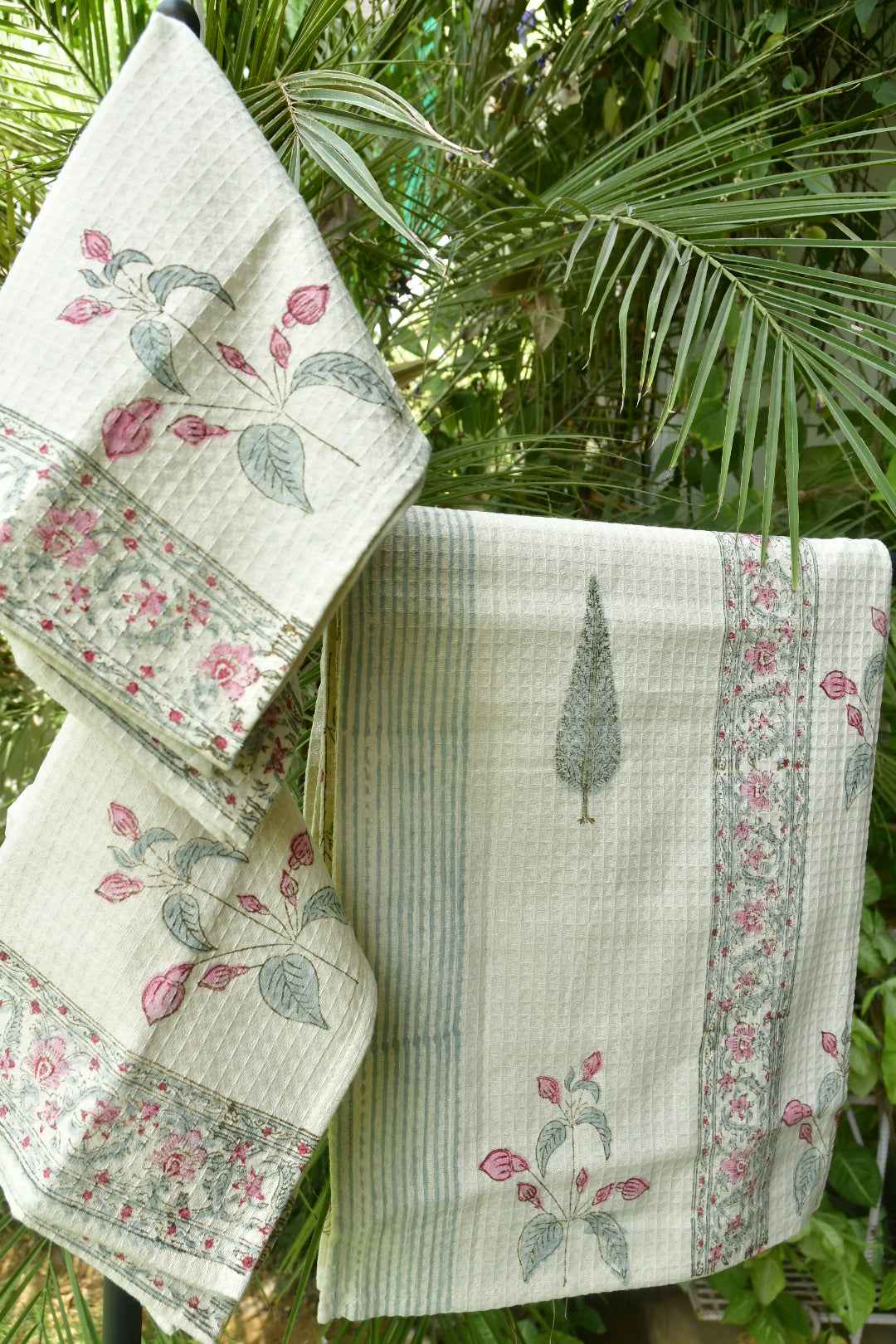 Pink Buta Buta on Beige Bath & Hand Towel Set
