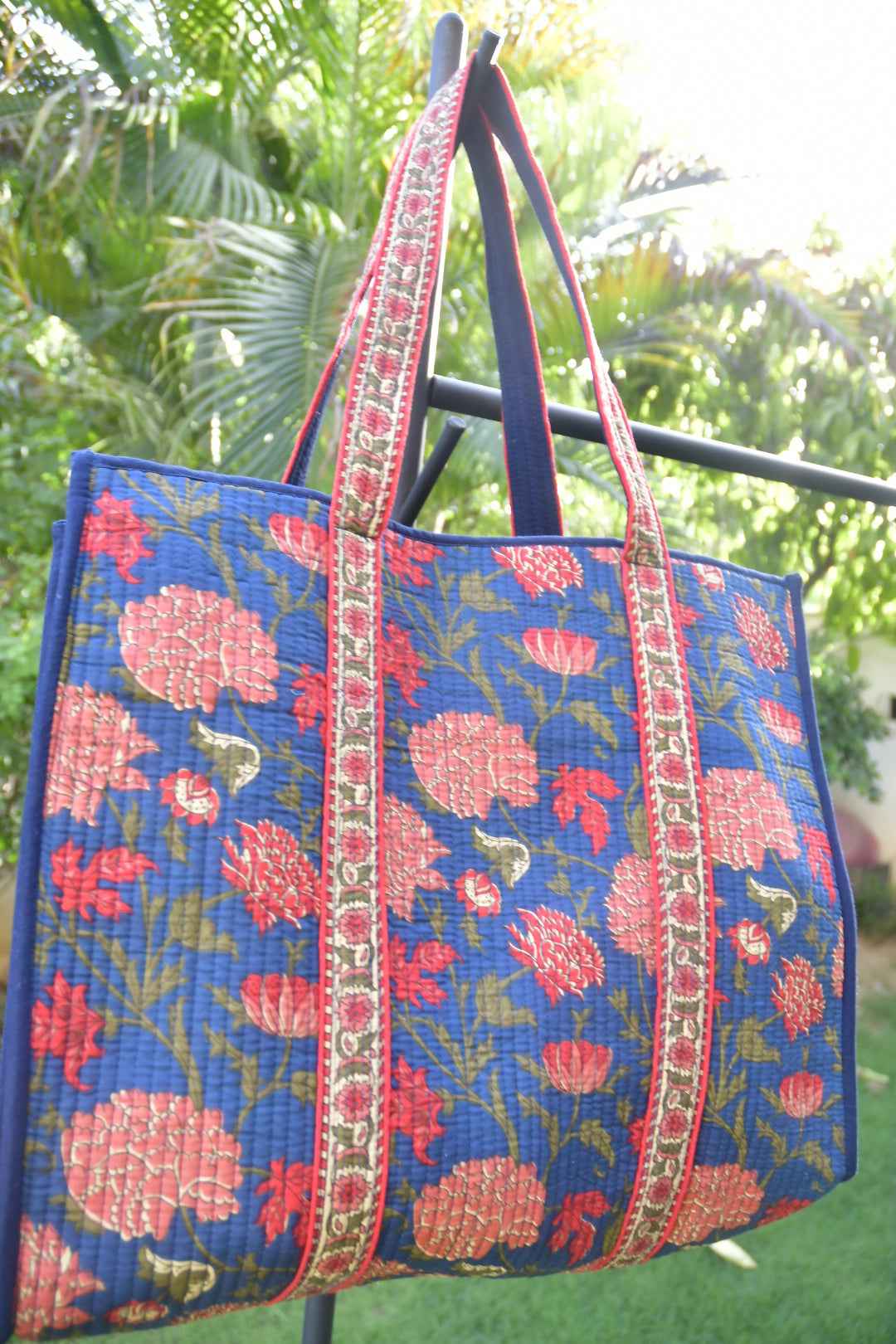 Premium Blue Floral Tote Bag: Hand-Blocked Beauty