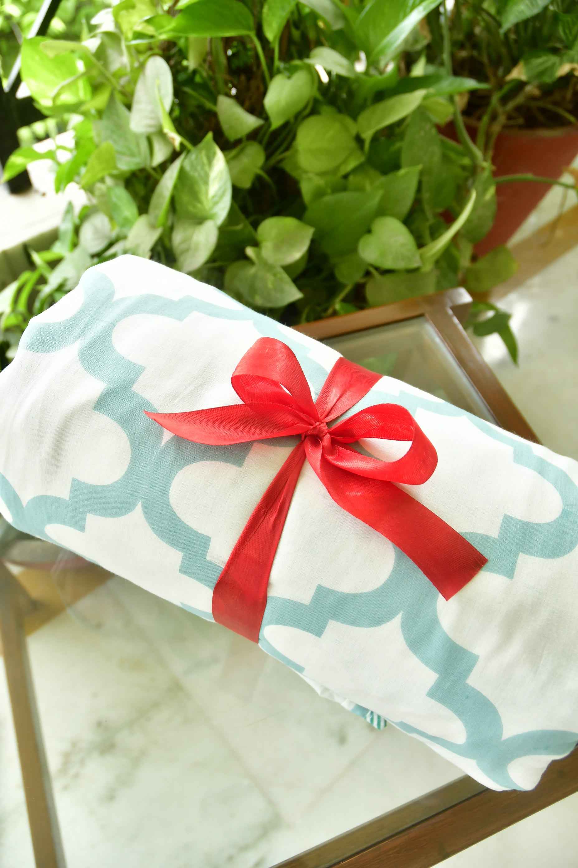 Sea Green and White Mul Mul Cotton Reversible Dohar