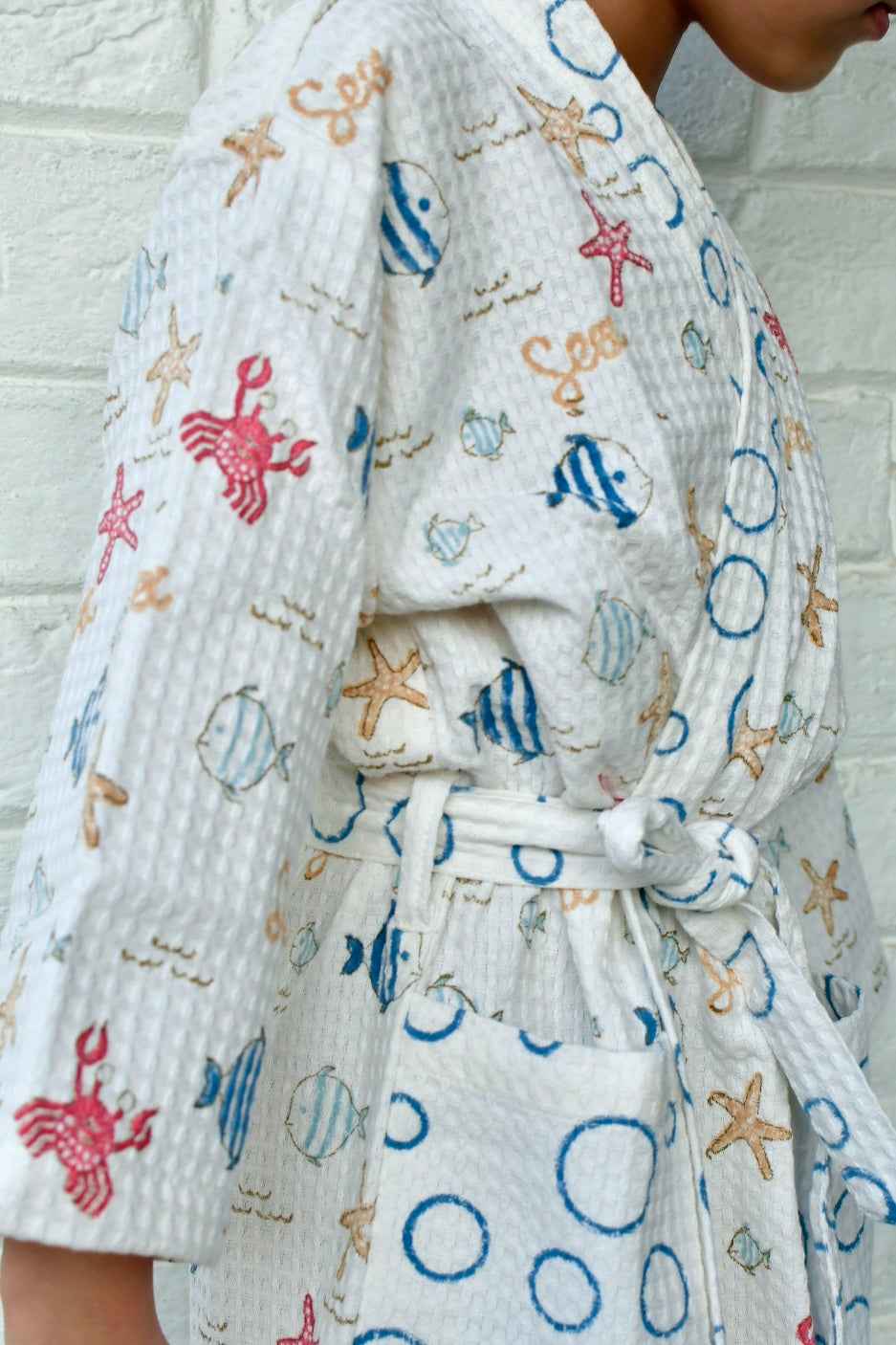Kids HandBlock Premium Waffle Cotton Bathrobe Sea World Pattern