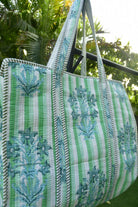 Green Flowers On Stripe Zipper Tote Bag: Hand-Blocked Beauty