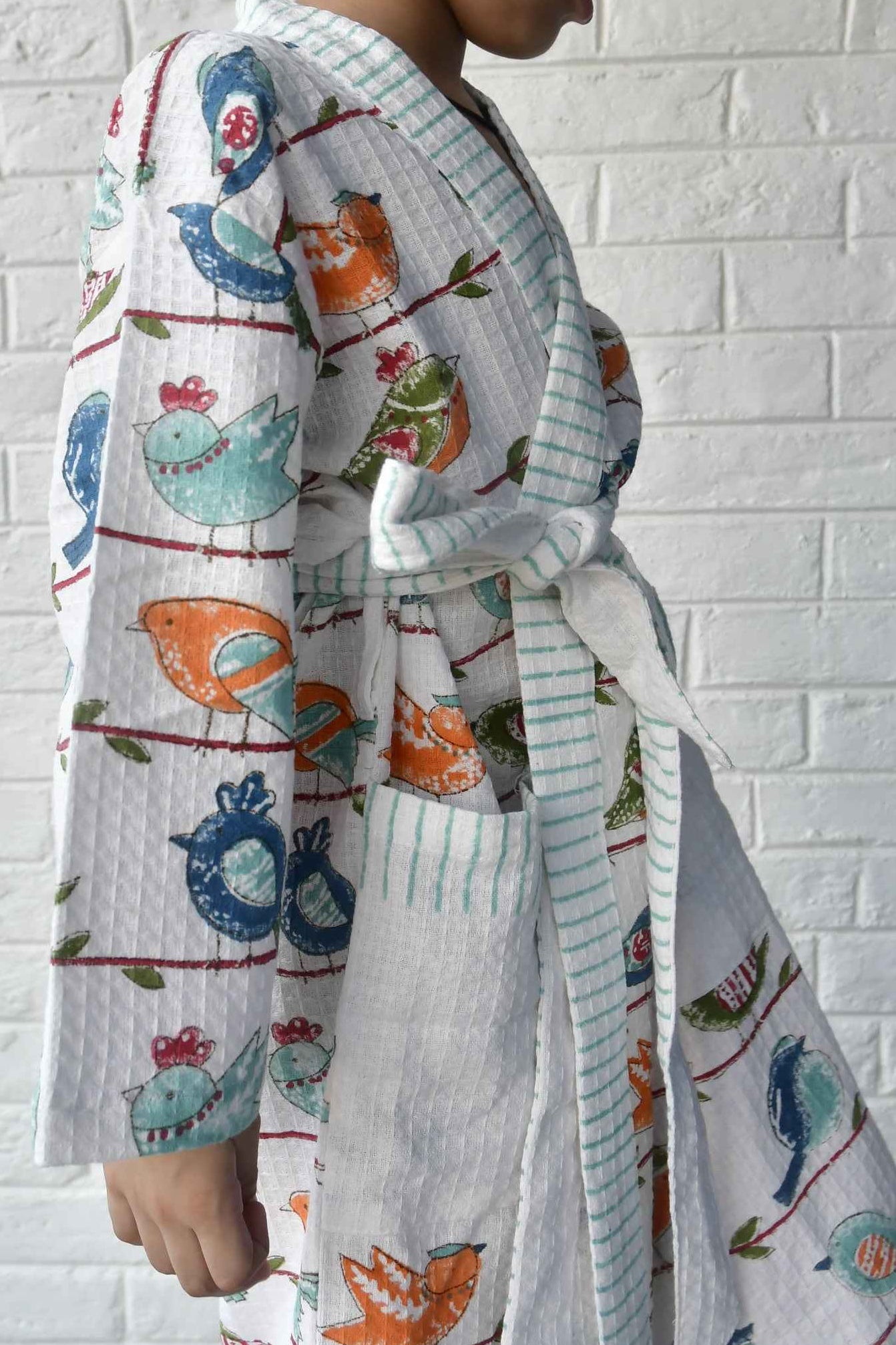 Kids HandBlock Premium Waffle Cotton Bathrobe Sparrow Pattern