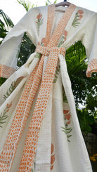 Peach Floral Handblock  Waffle Cotton Bathrobe