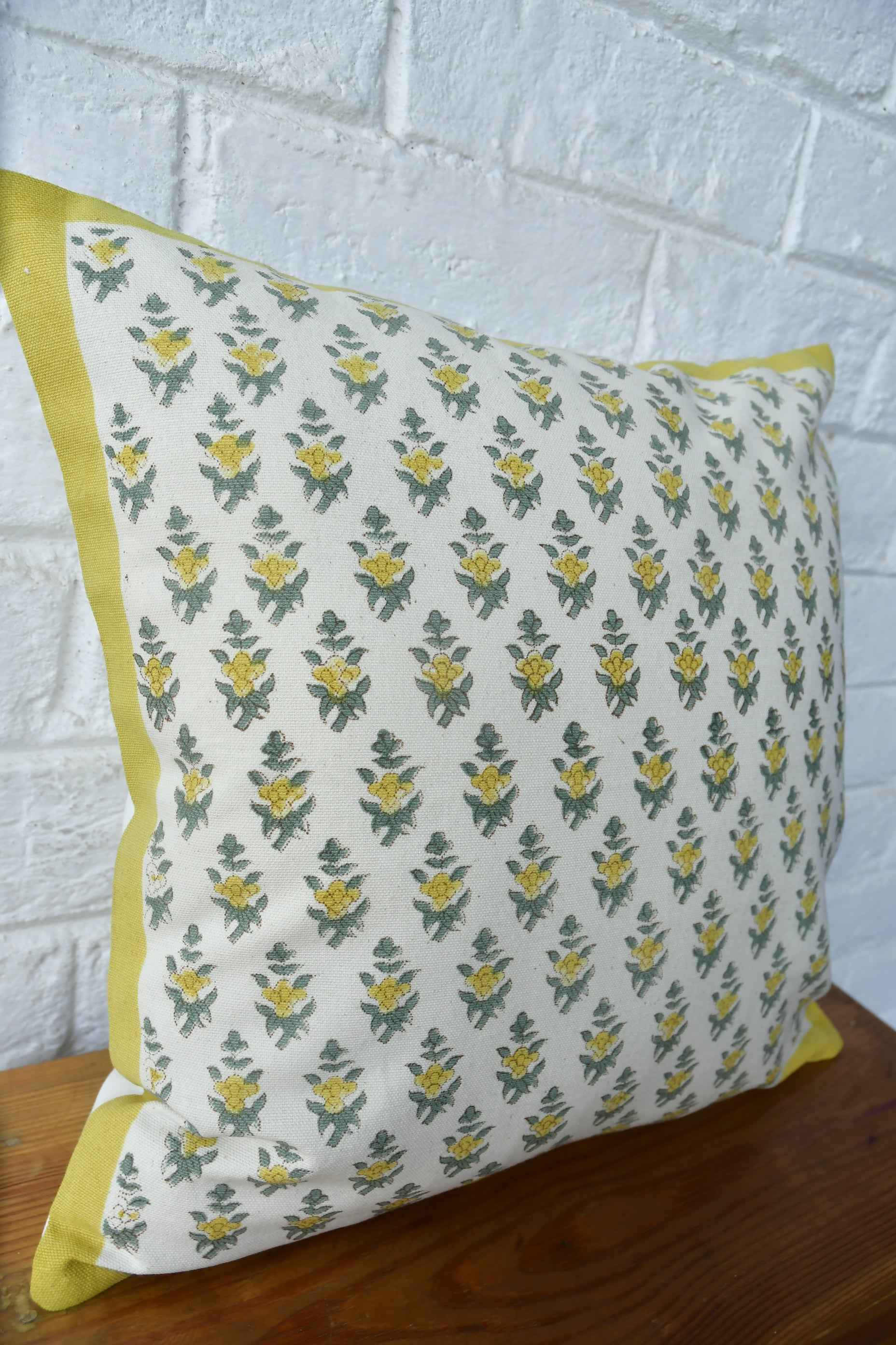 Lemon Green Buti Cushion Cover: Hand Block Printed Luxury India