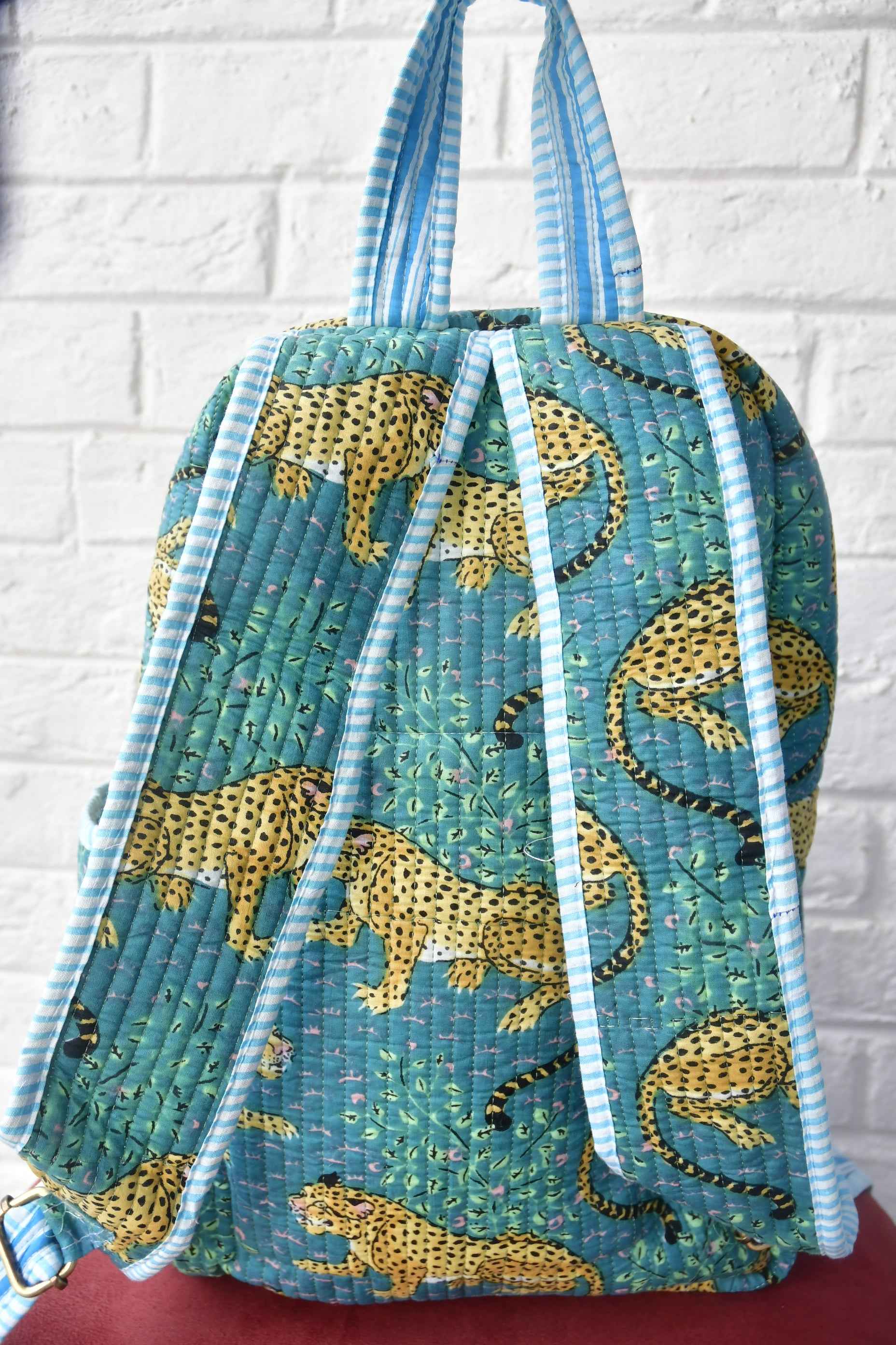 Leopard Print Blue Handblock Cotton Backpack