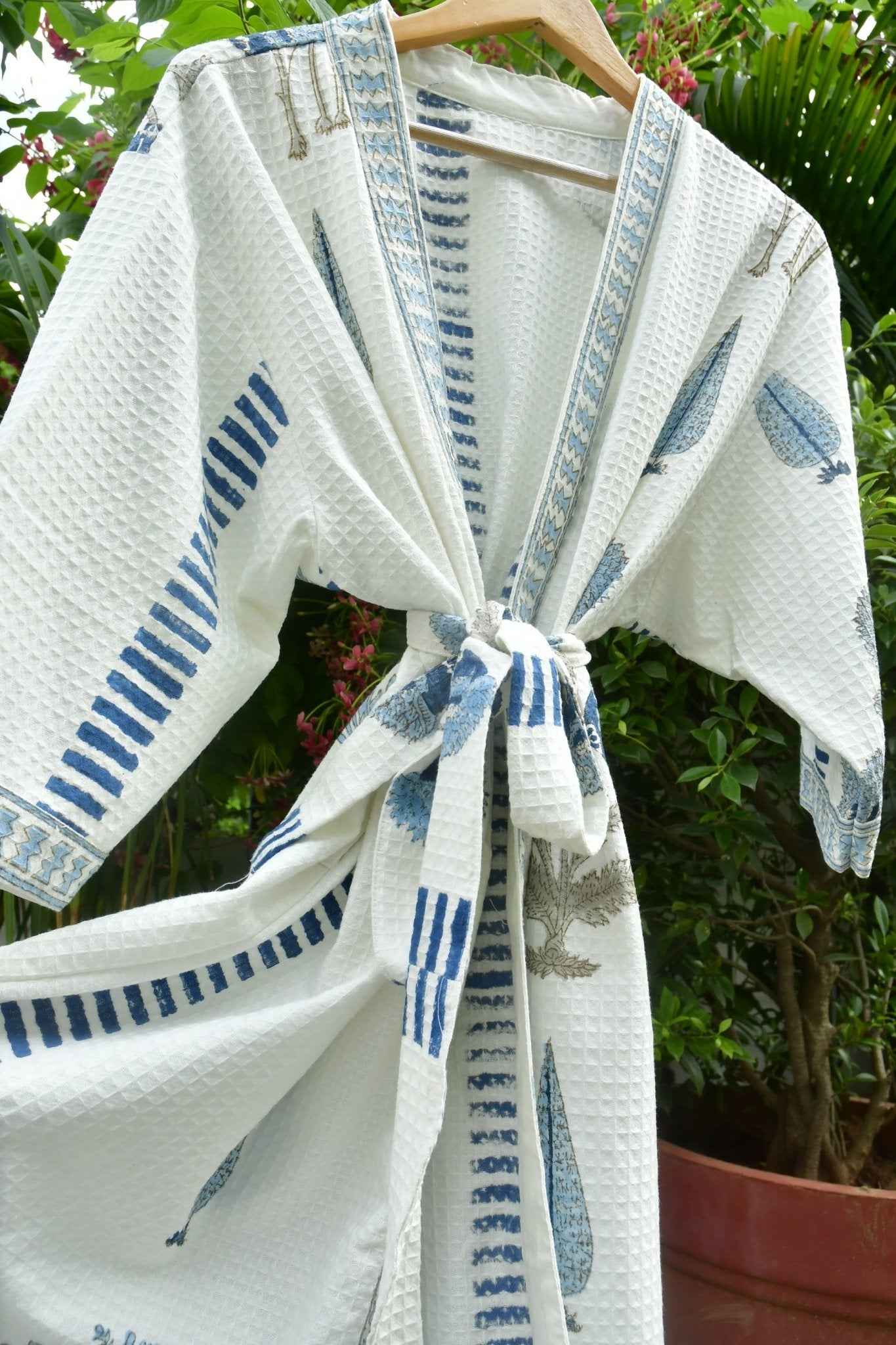 Blue Poppy and Cypress leaf Waffle  Bathrobe