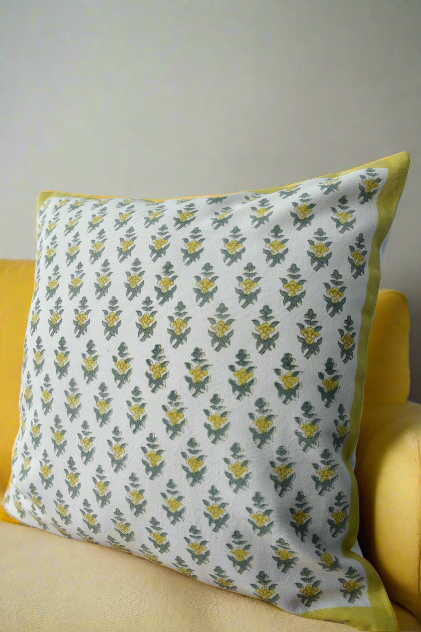 Lemon Green Buti Cushion Cover: Hand Block Printed Luxury India