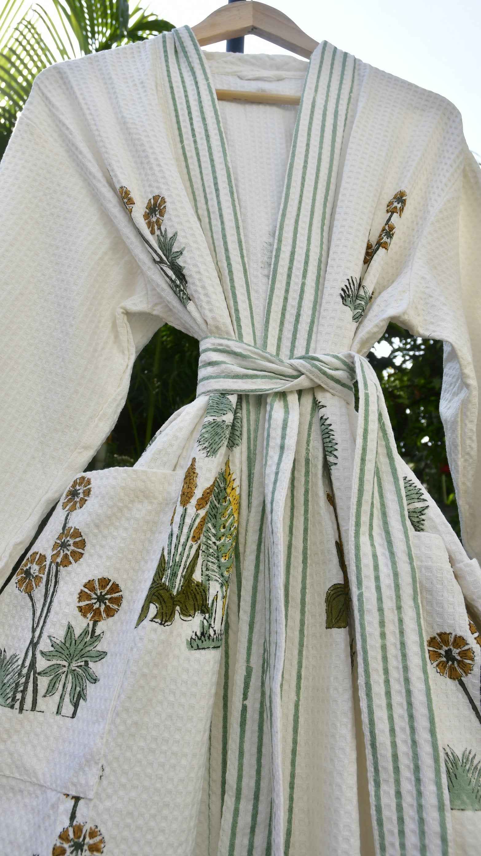 Yellow Green Buta Handblock Bathrobe