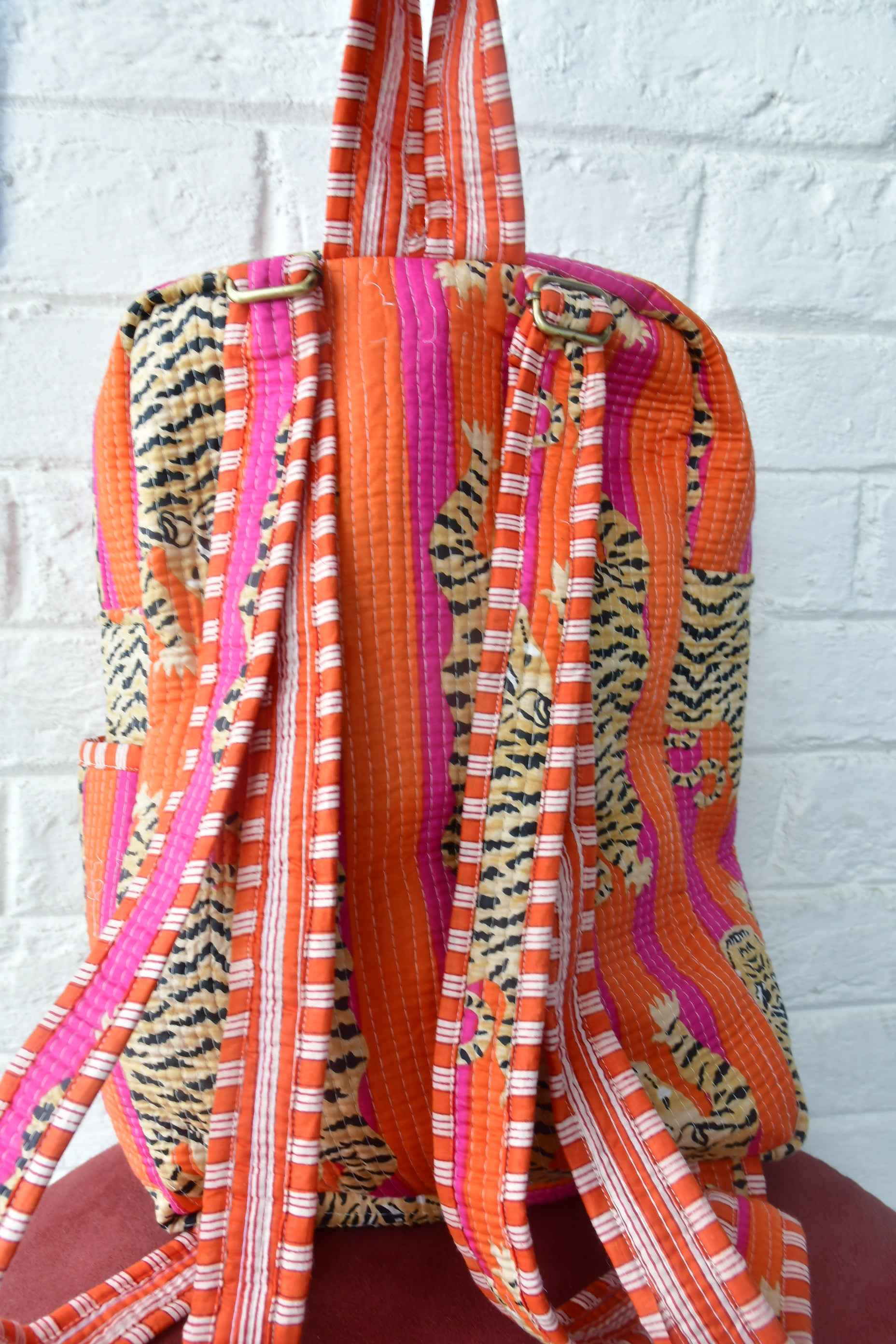 Orange and Pink Tiger Print Handblock Backpack