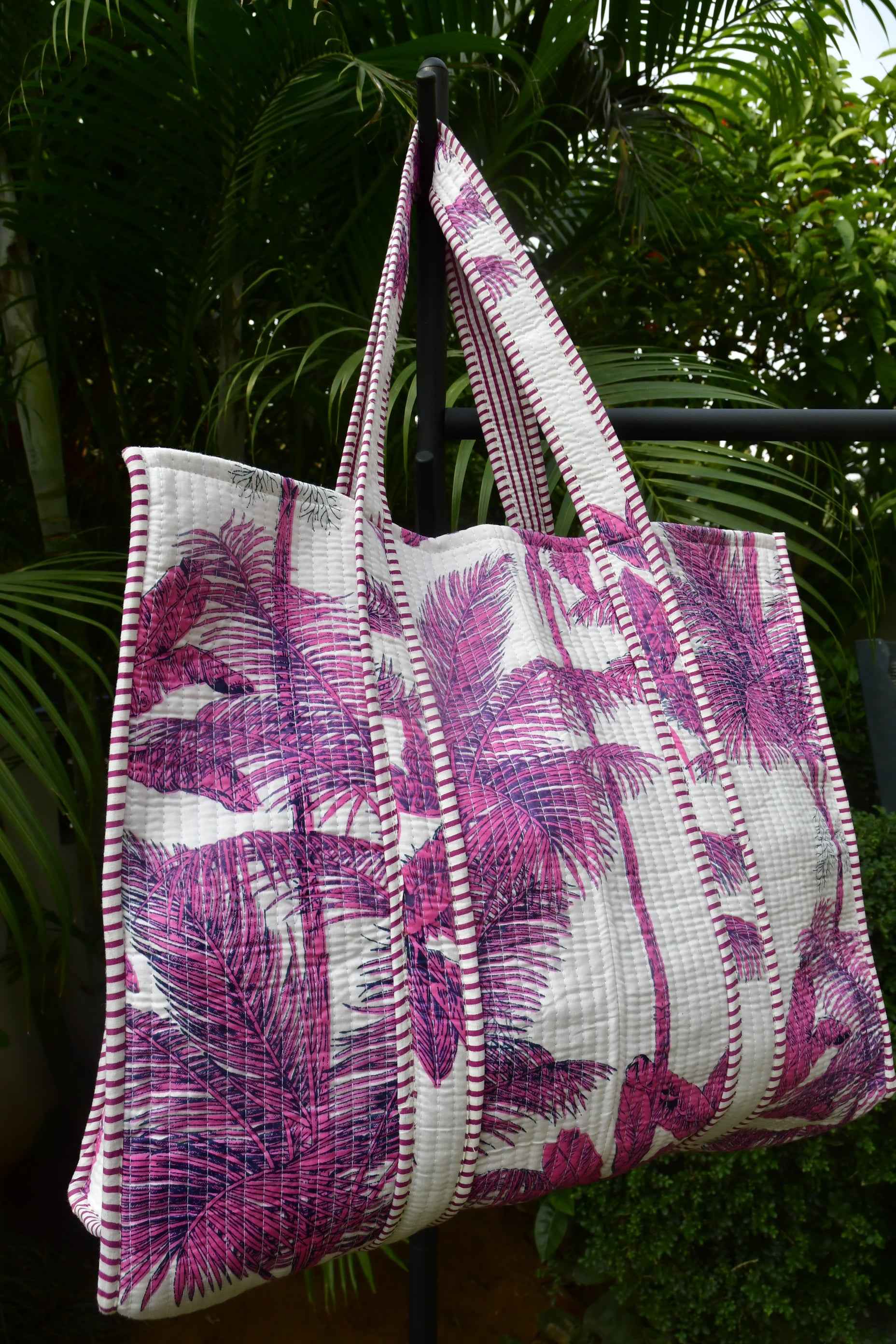 Hand-Printed Pink & White Palm Tote Bag