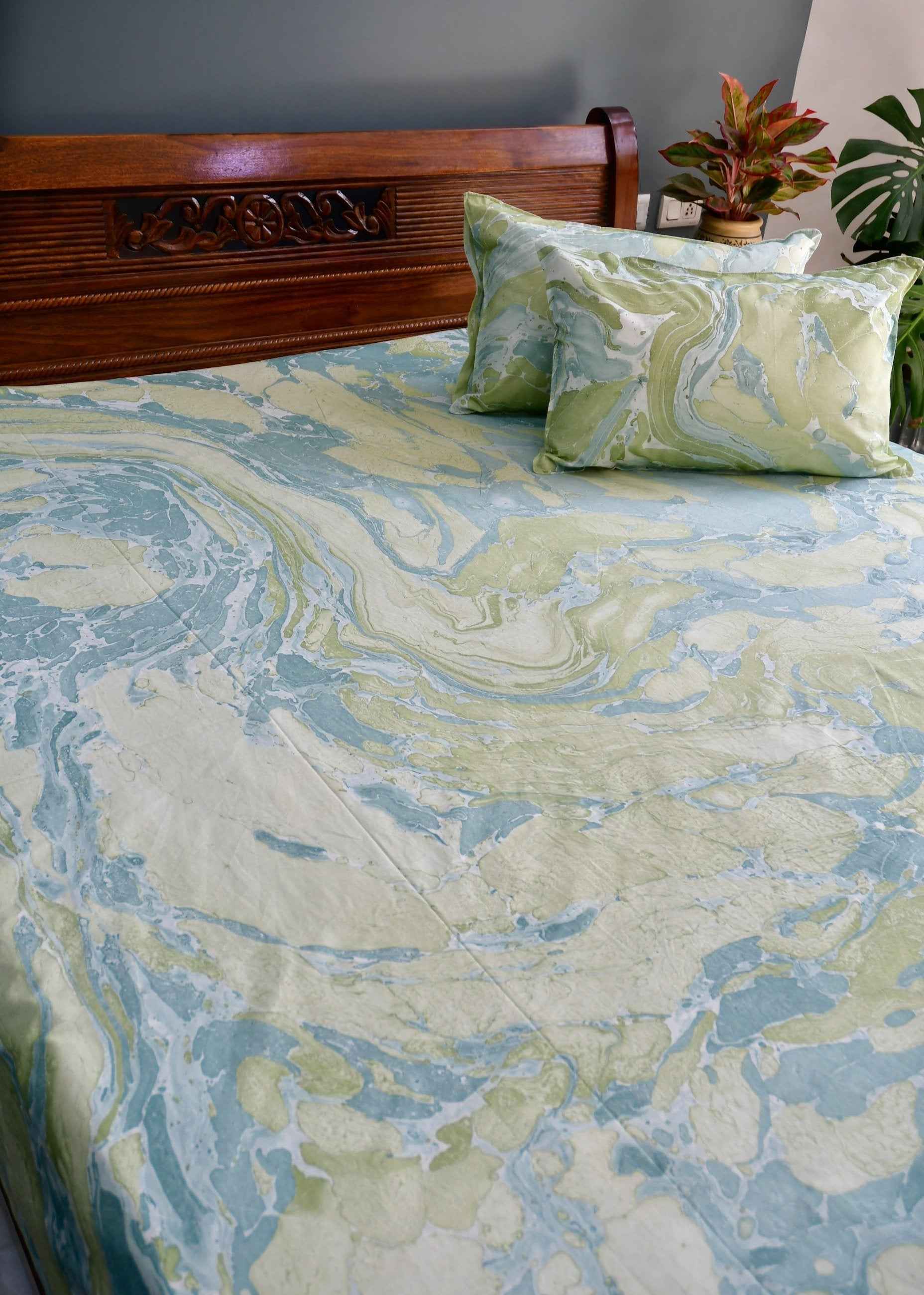 Green Blue Marble Double Cotton Bedsheet