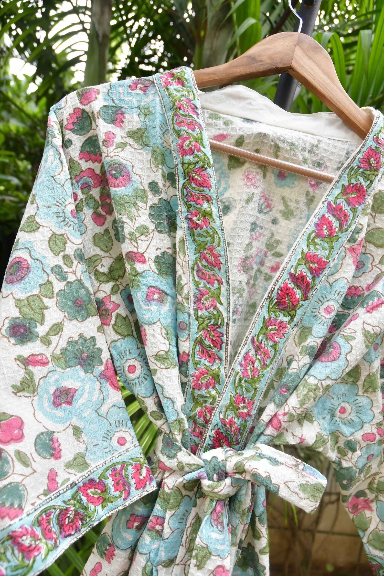 Floral Joy HandBlock Waffle cotton Bathrobe