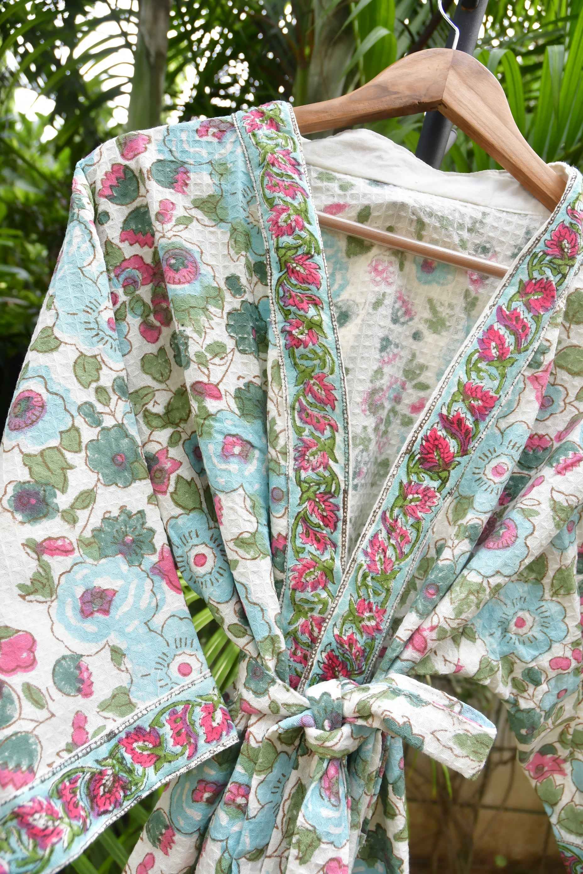 Floral Joy HandBlock Waffle cotton Bathrobe