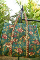 Premium Bottle Green Floral Tote Bag: Hand-Blocked Beauty