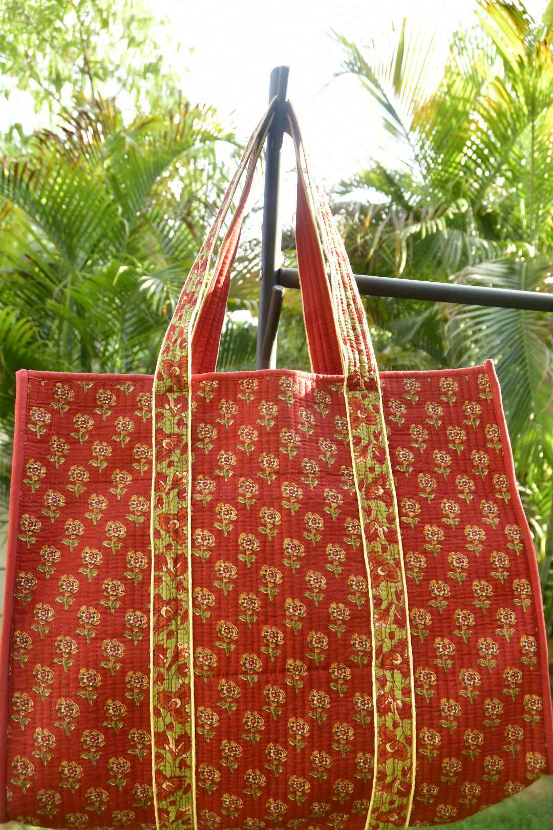 Premium Maroon Floral Tote Bag: Hand-Blocked Beauty
