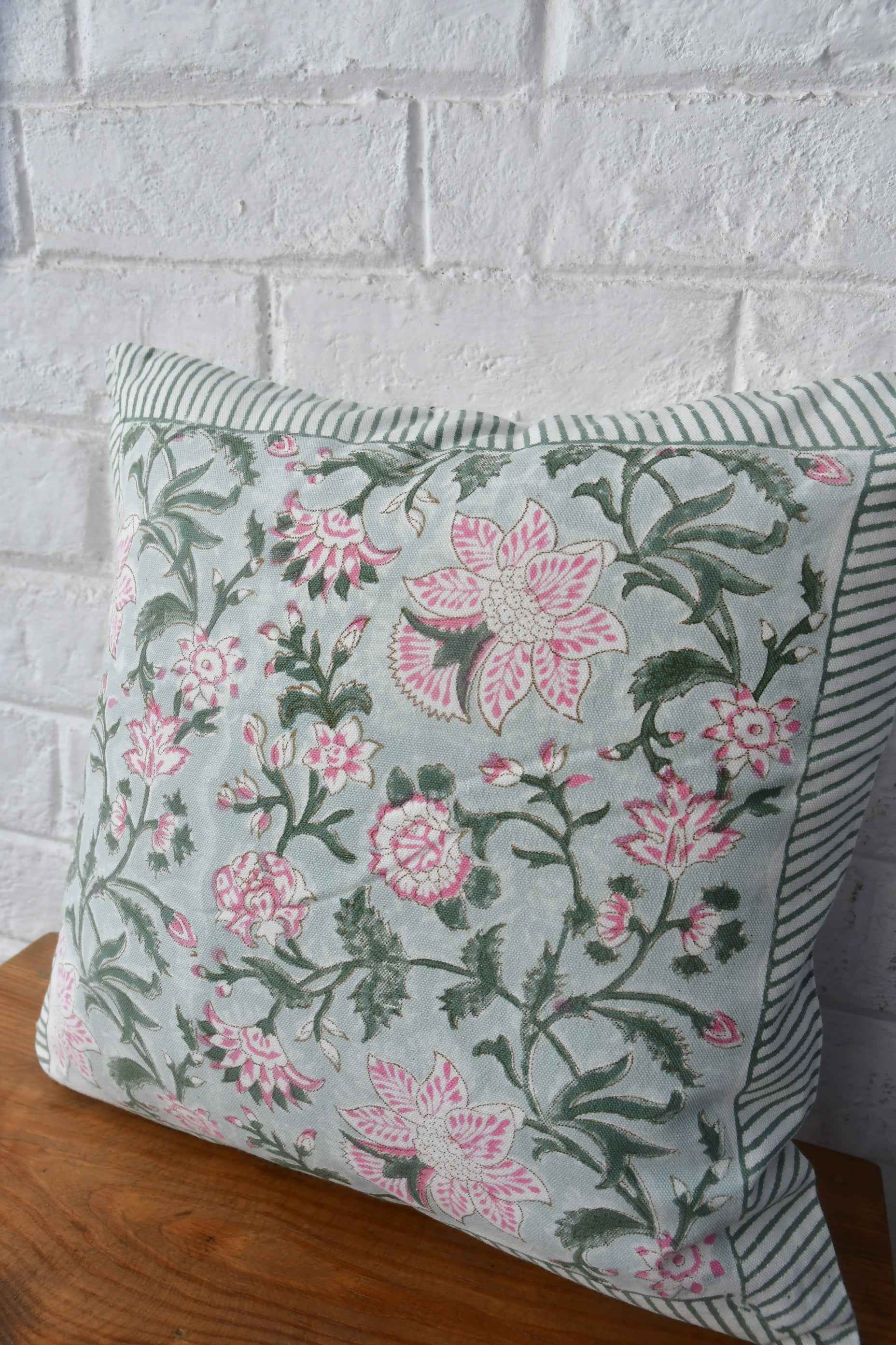 Sea Green & Pink Floral Cushion: Coastal Charm Meets Indian Block Prints