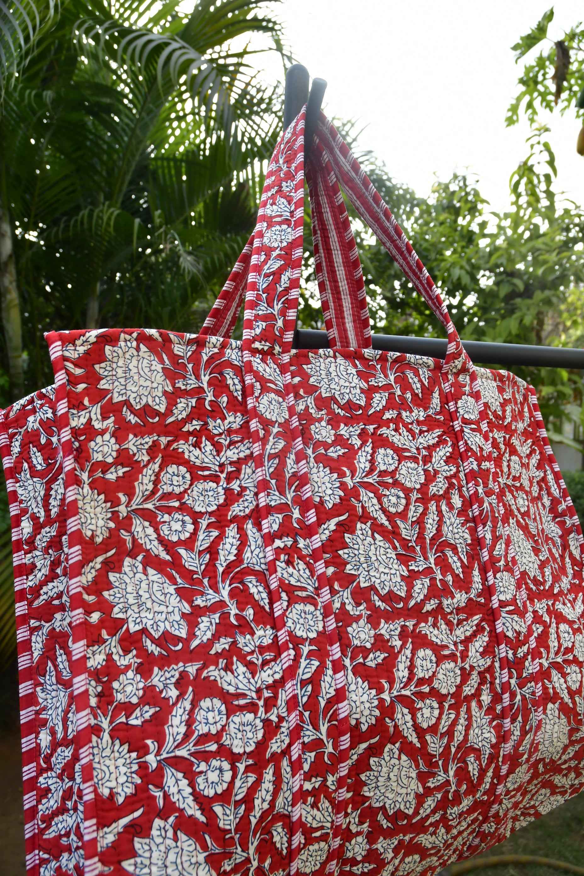 Happy Red Floral Hand-Blocked Tote Bag